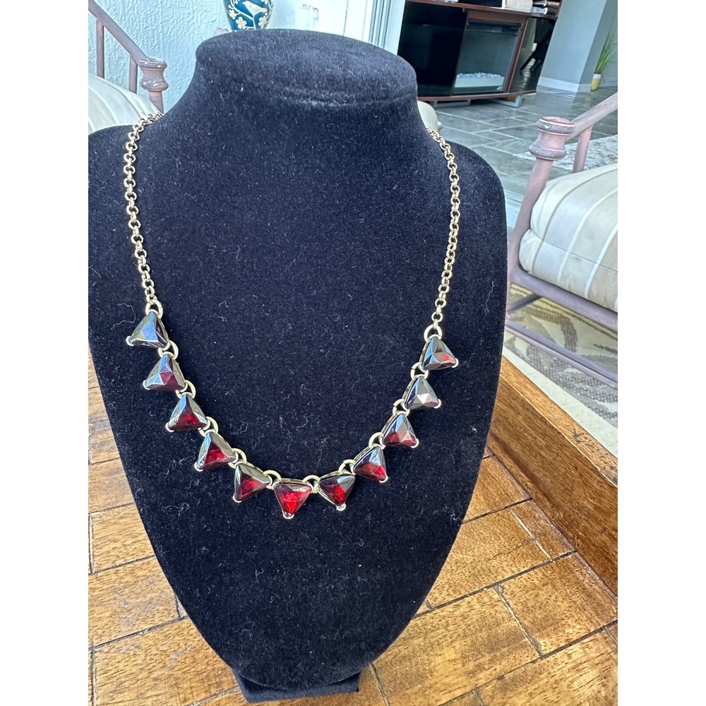 Red Geometric Triangle Glass Gold Tone Statement Necklace Adjustable Chain